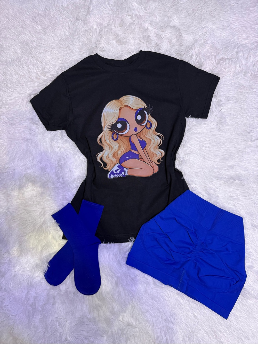 Black Graphic Tee & Royal Blue Skirt Set by
